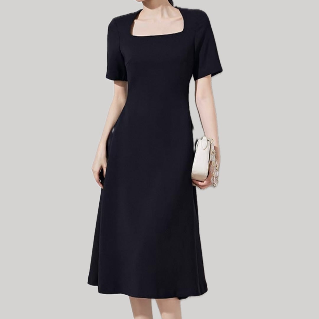 Black trapeze neck A line dress 00186