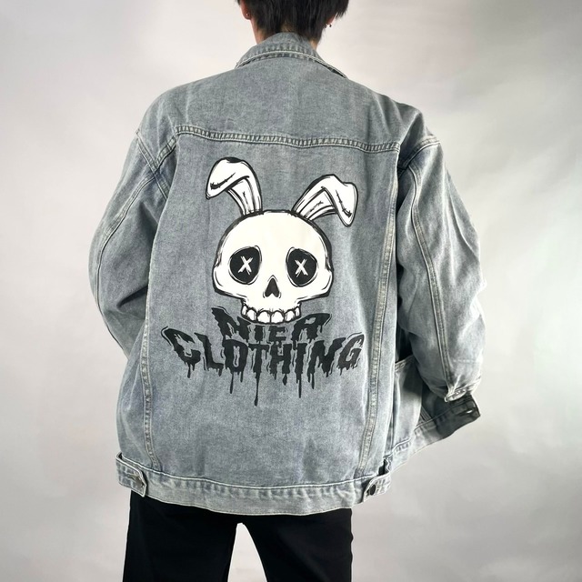 SKULL BUNNY BACKPAINT LIGHT BLUE DENIM JACKET