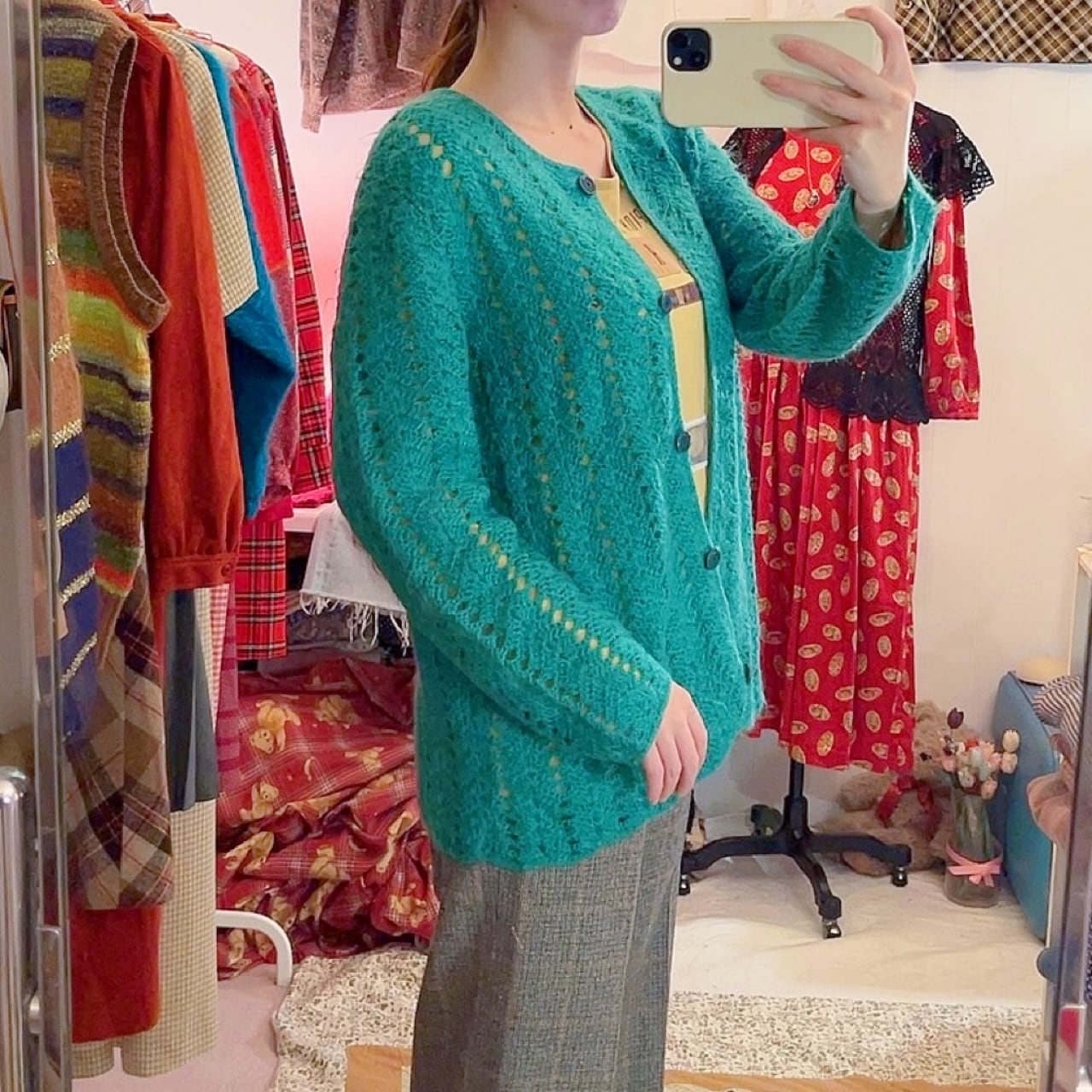 green crochet knit cardigan