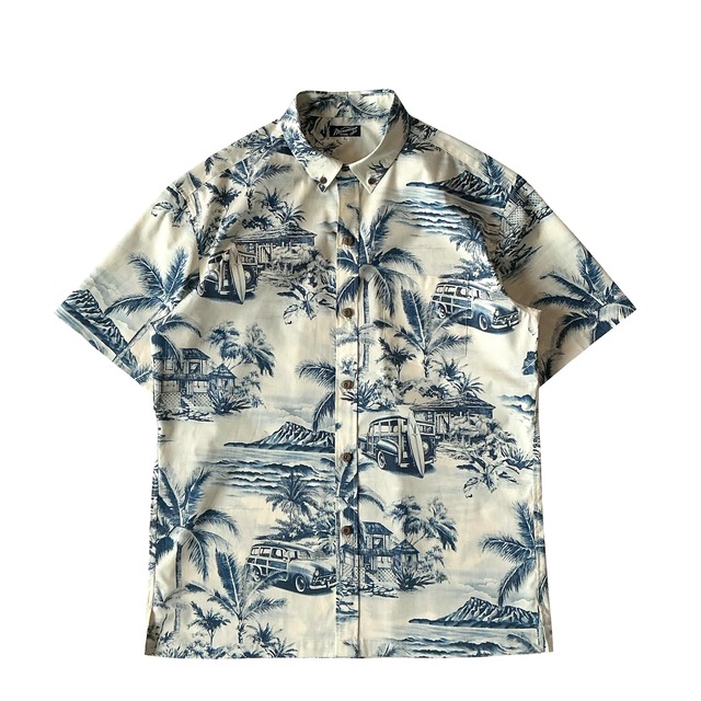 Mountain Men's ボタンダウンアロハシャツ / CLASSIC HAWAII / IVORY × PACIFIC BLUE