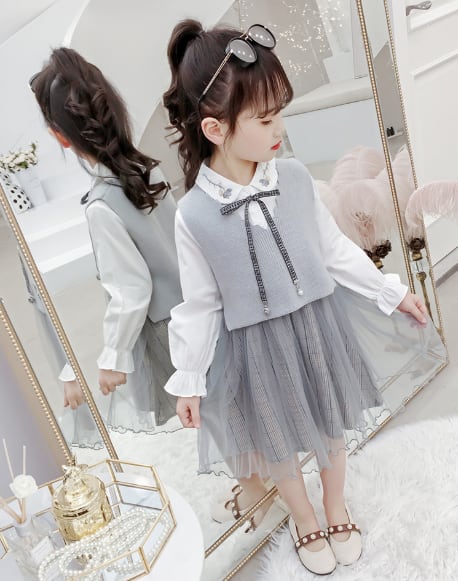 チェック×シフォンワンピースとベストのセットアップ 子供服