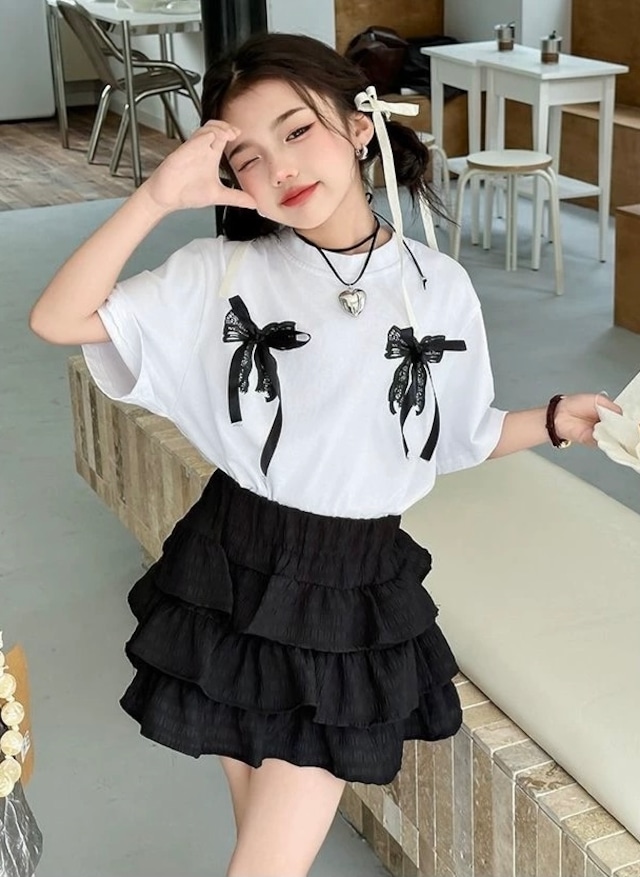 レースリボンTシャツ＆フリルスカートセットアップ