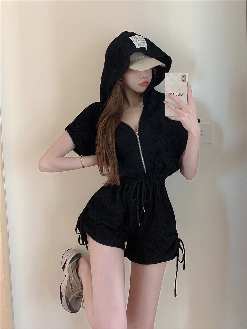 ブラックギャザージャンプスーツ オールインワン サマー 夏物 ブラックストロベリース21672292817