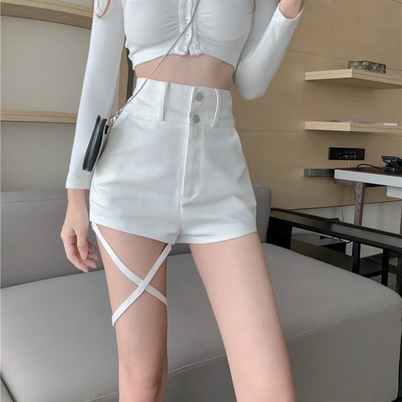 ジーンズ サマー薄手パンツ ホワイトAラインショーツ ハイウェストウェスト レース 夏物 ブルマー レースアップ ブラックストロベリース29159075189