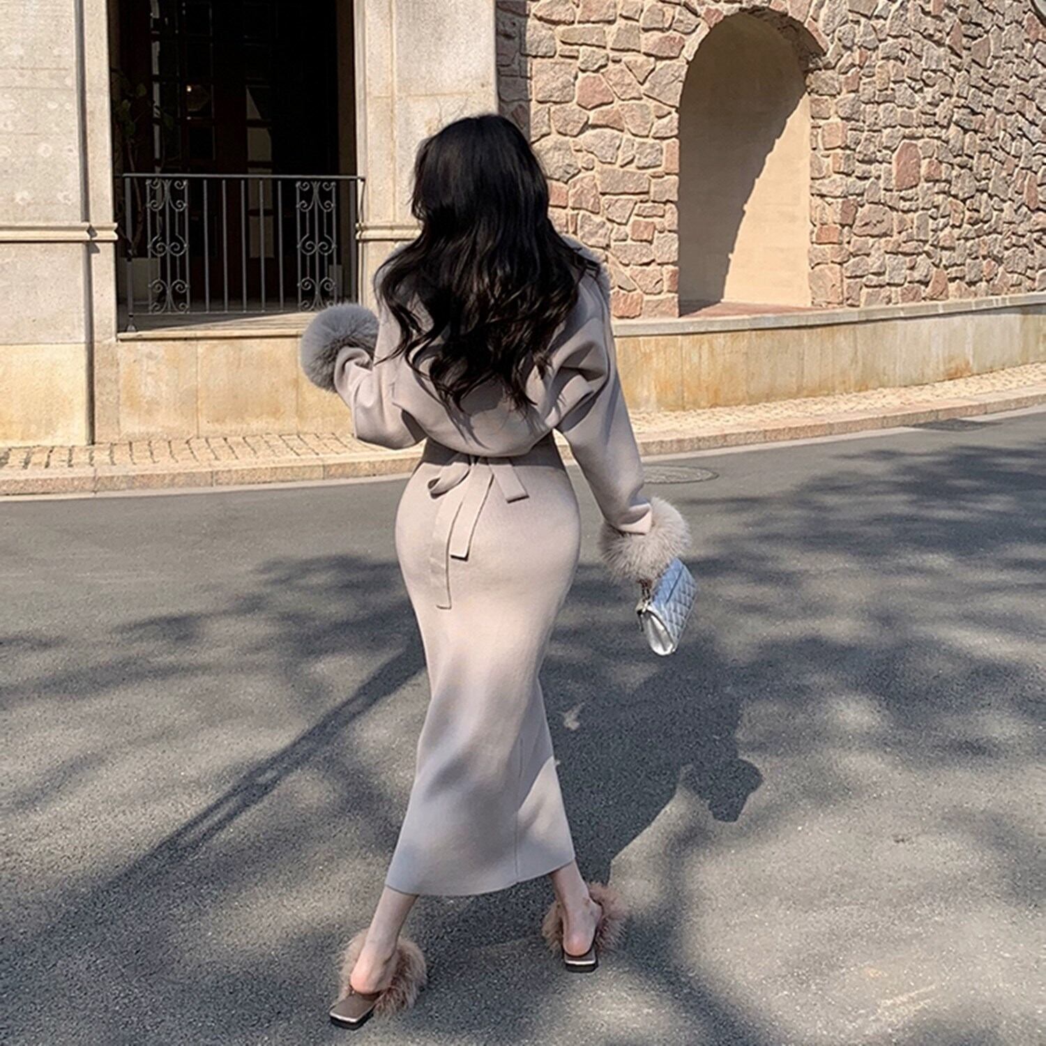 set】ファー付きアウター×ニットキャミワンピースセット N2402 | nanastyle