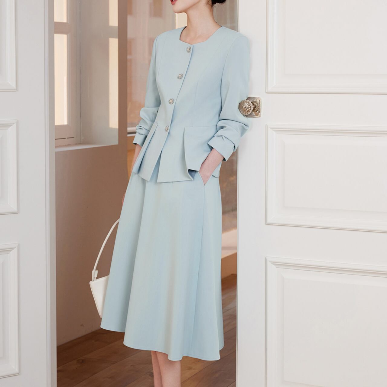 プリーツジャケット フレアスカート スーツセット-ライトブルー