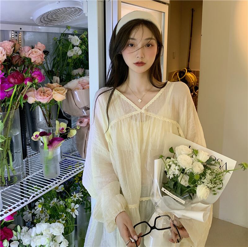 シフォンシャツ スリーブサマートップス スタンダードスタイル ロング レトロ レース 夏物 レースアップ YY-ファッション54056518612