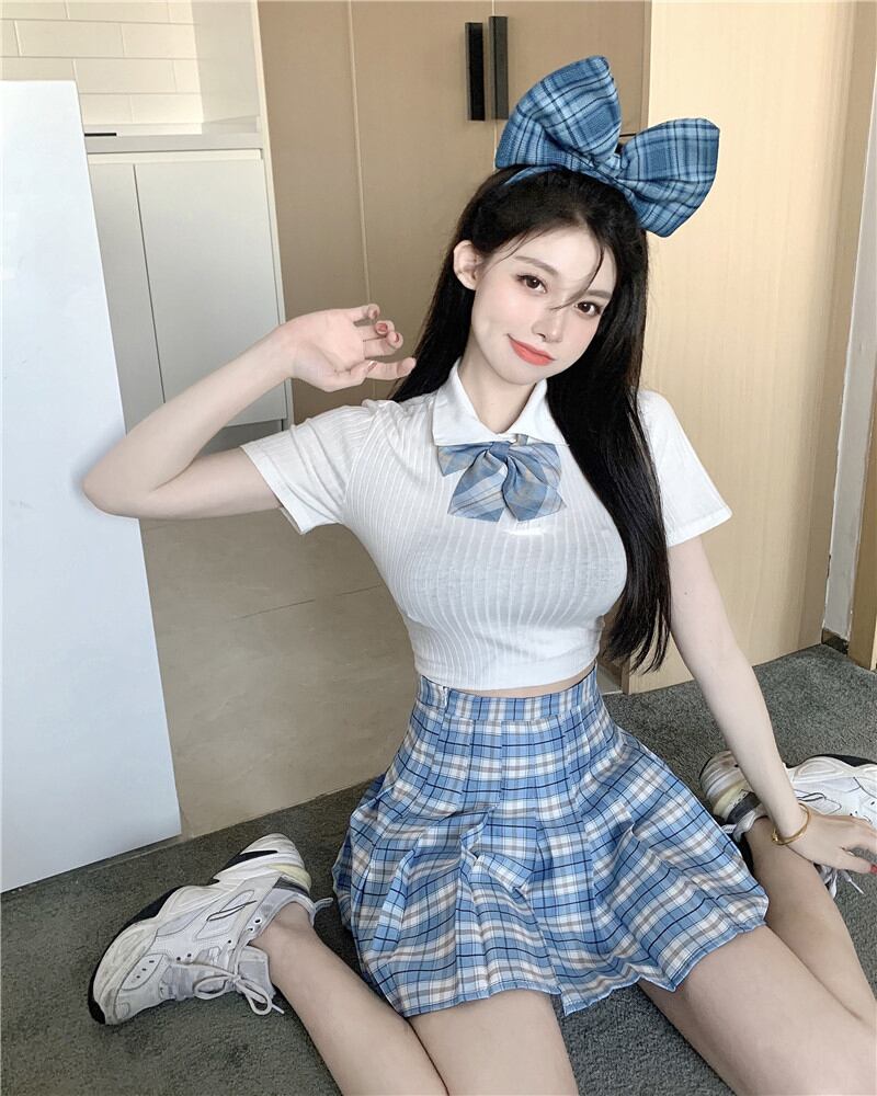 格子柄スカート ハイウェストウェスト薄手Aラインプリーツサマーブルー 夏物 ブラックストロベリース51534348999