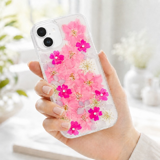 【ほぼ全機種対応スマホケース】押し花スマホケース NO.624B 押し花＆レジン iPhone8以降全機種/Xperia/AQUOS/Galaxy他