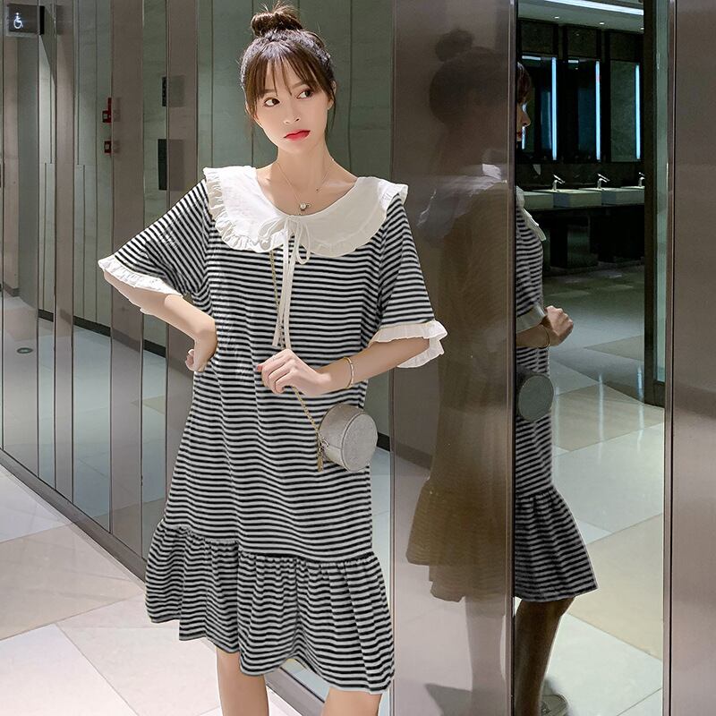 【新作】【送料無料】 マタニティウェア2020夏の新しいファッションドールカラーストライプドレスミドル丈ルーズマタニティドレス-アリババ サマー 夏物 expec21676999418