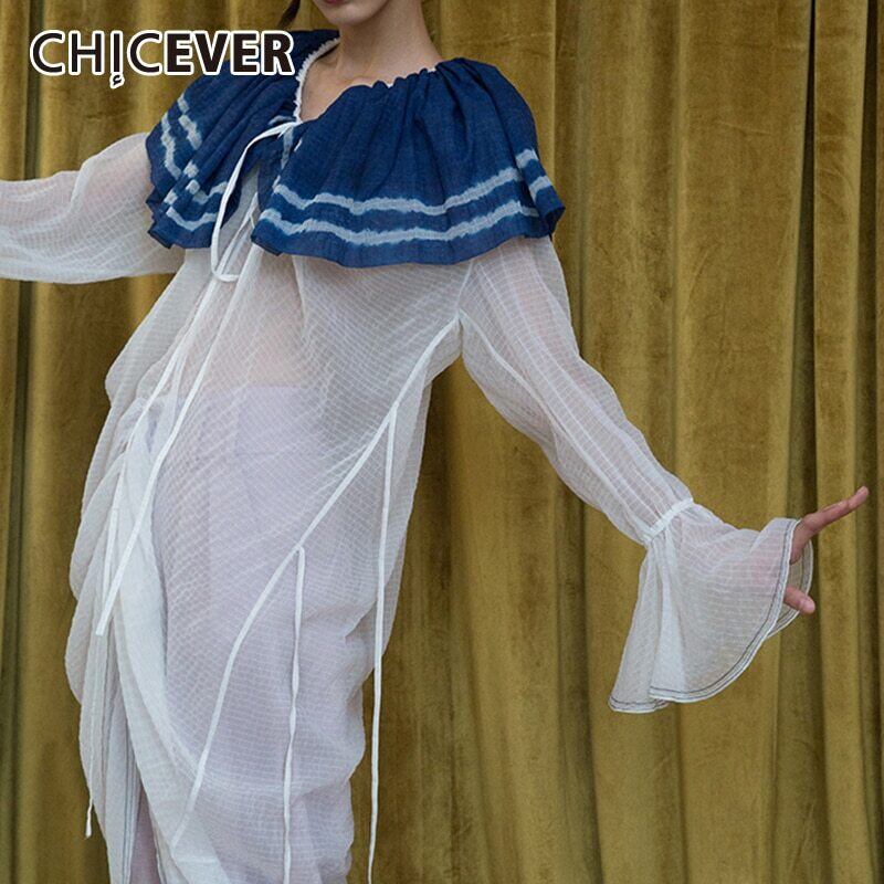 CHICEVERホワイトシャツレディースセーラーカラーフレア長袖スプリットヒットカラーシャーリングルーズヴィンテージブラウス2020服 ロング ビンテージ 6base510331643538