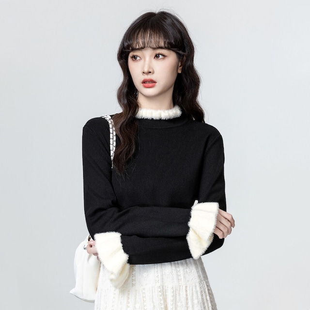 トップス ニットセーター 長袖 スピーカースリーブ 気質満点 配色 S M L