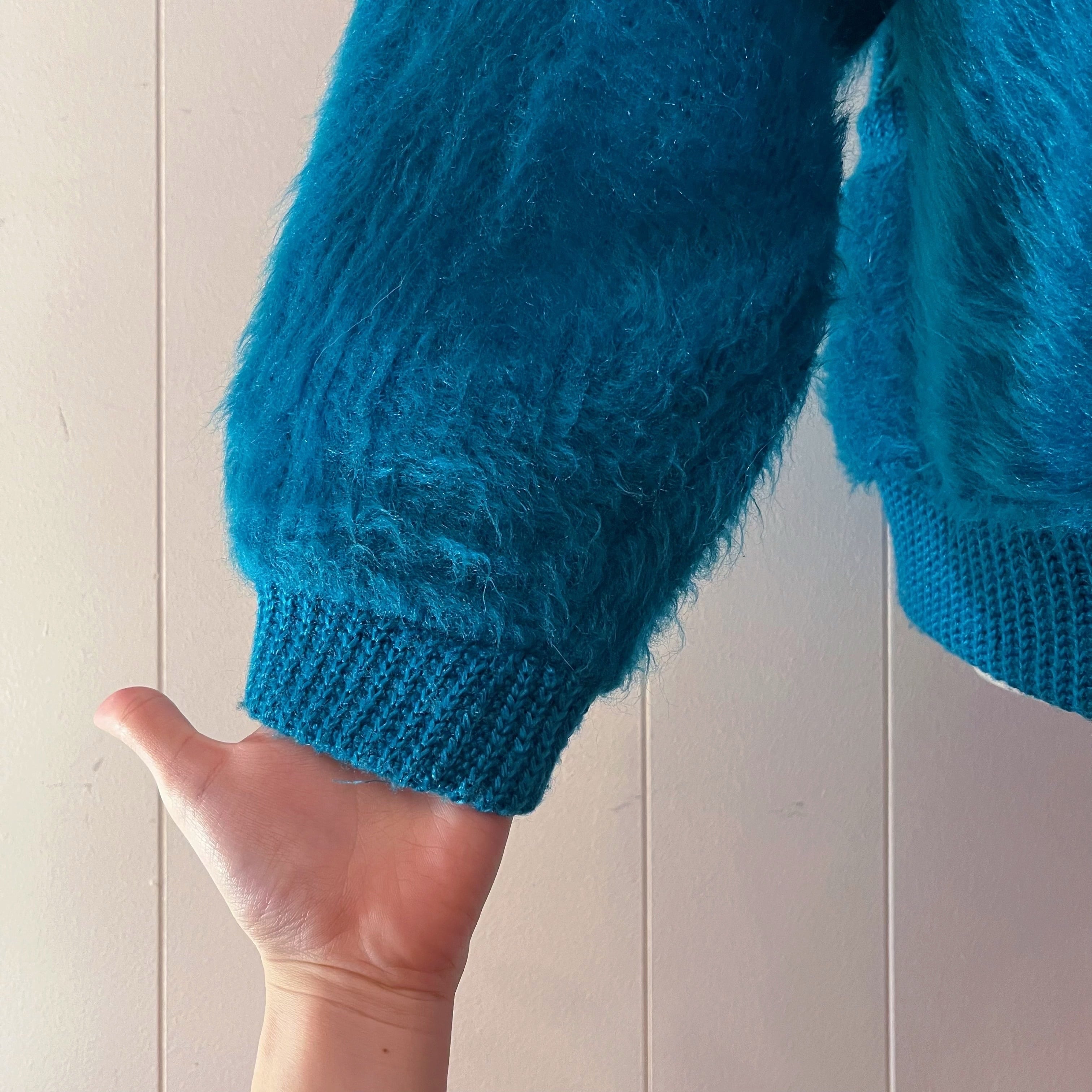 peacock green shaggy knit cardigan