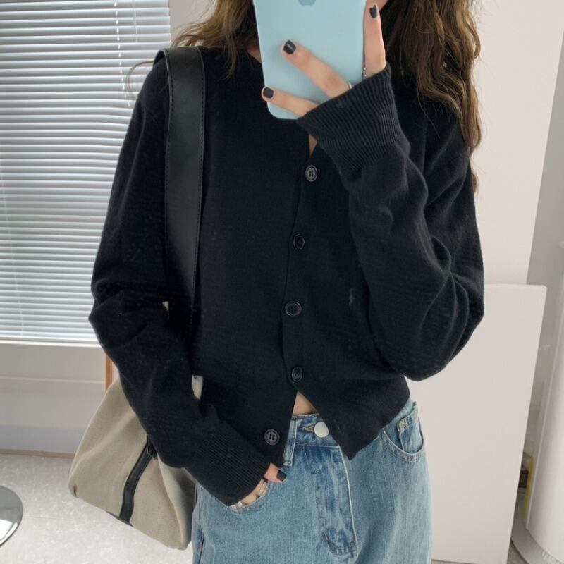 ニットセーター カーディガンジャケット ルーズスプリングブラックショートトップス 春物 ブラックストロベリース10778626117