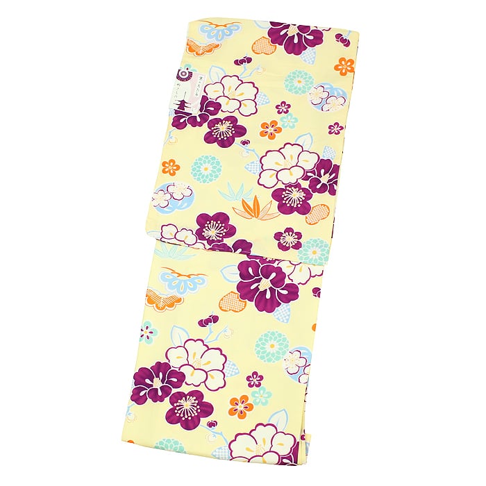 kimono 小紋 洗える着物 レトロモダン 京のちたる 街歩き かわいい 黄色 紫 椿 レディース Lサイズ