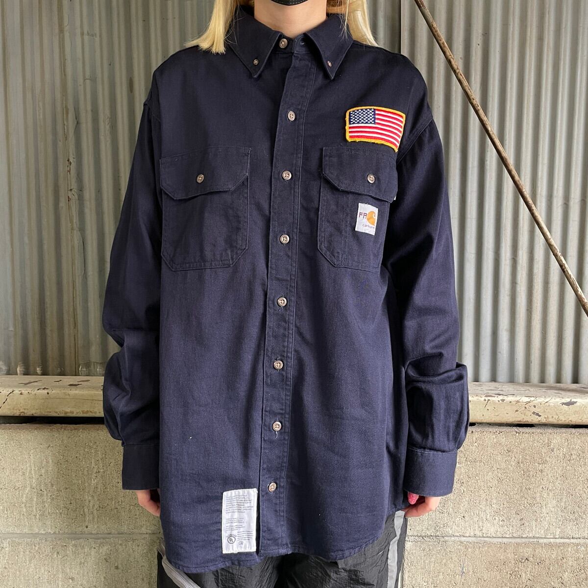 【90s Carhartt】鬼フェード ボタンダウン ワークシャツ レザーパッチ Carhartt カーハート FR ボタンダウン 星条旗 ワッペン 長袖 ワーク