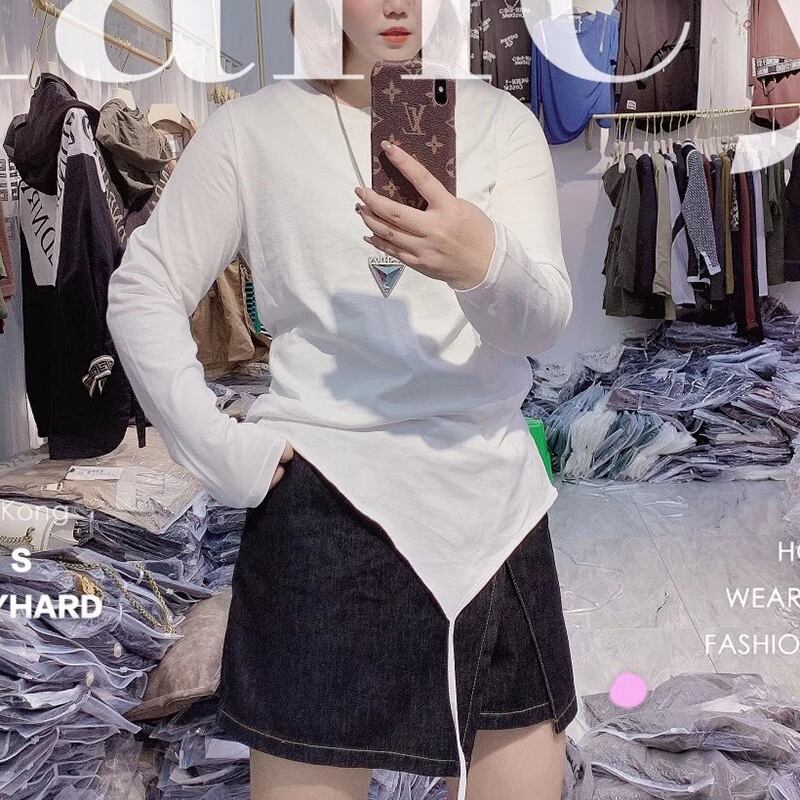 プラスサイズの女性の秋の服新しい脂肪mm薄いトップウエスタンスタイル200kg脂肪姉妹ルーズTシャツ不規則な潮 ミックスインファッション48539670544