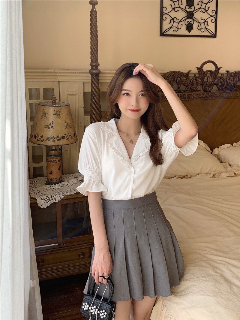 スタンダードカラーシャツ サマーショートホワイト半袖スリーブトップス レトロ ハーフスリーブ 夏物 ブラックストロベリース75742929008