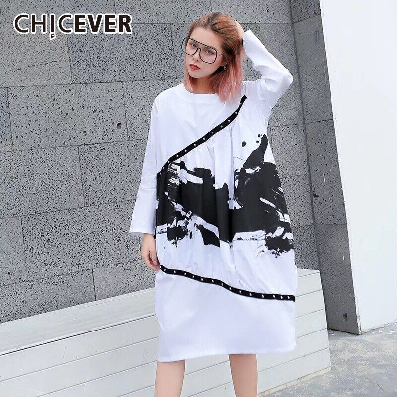 CHICEVERドレスレディースプリントヒットカラーOネック長袖ルーズオーバーサイズミディドレス2020服 ロング 6base569905928143