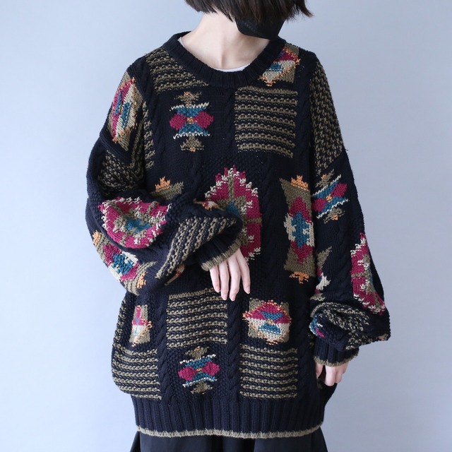 black base art pattern over silhouette cotton knit sweater