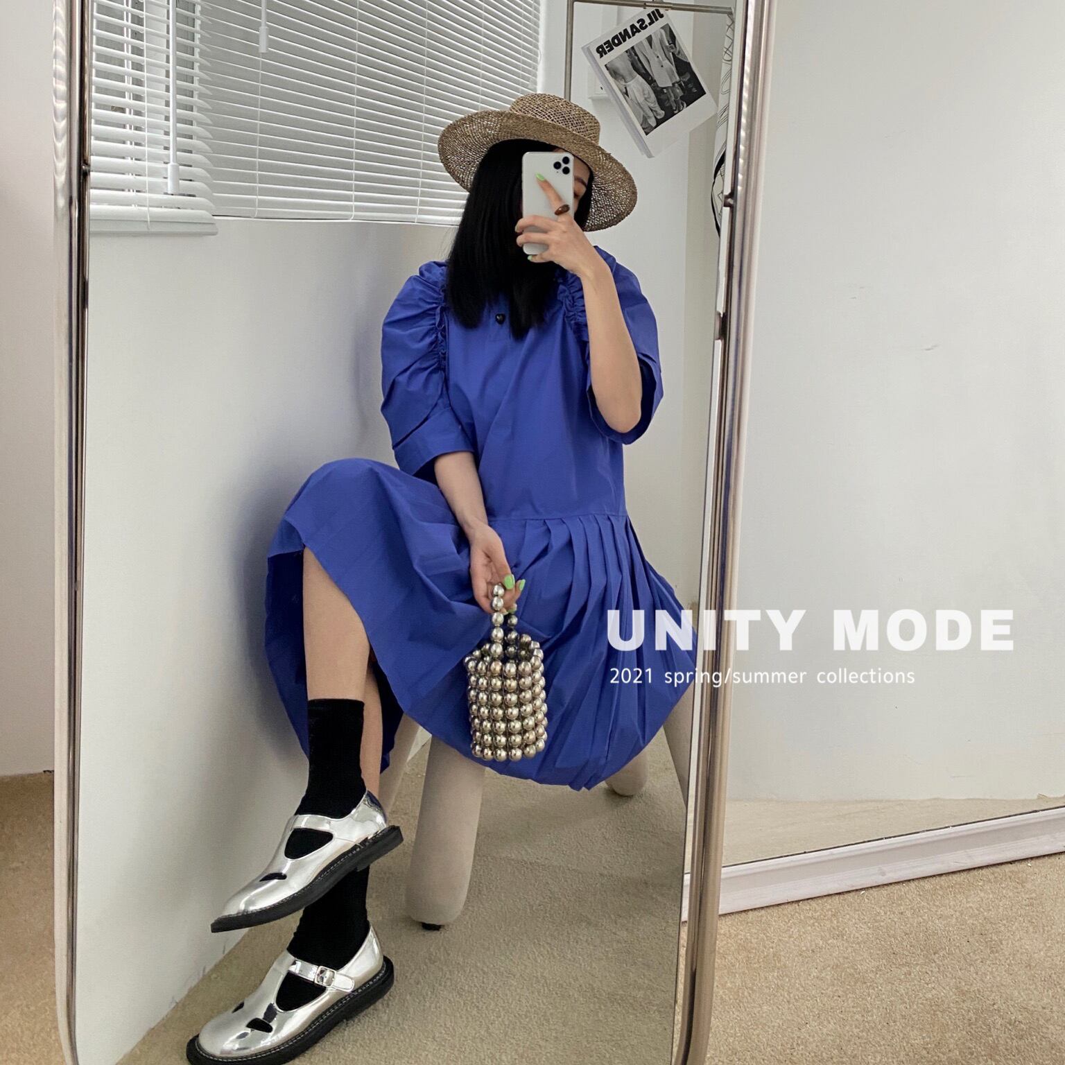 プリーツスリーブドレス サマーラウンドネックAラインロングスカート 夏物 Oネック ステッチ ビッグFスモールZ韓国30959152162