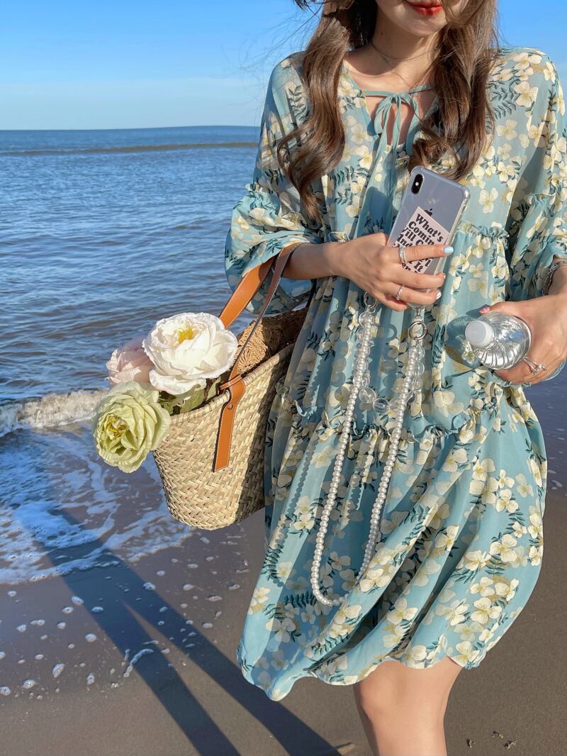 フローラルドレス サマー薄手スタンダードVネックルーズスカート レトロ 大人ガーリー スウィート キュート カジュアル 夏物 花柄 YY-ファッション8968311626