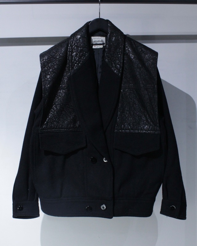 【Caka BLACK】80's Leather Swiching Double Breasted Euro Vintage Wool Jacket