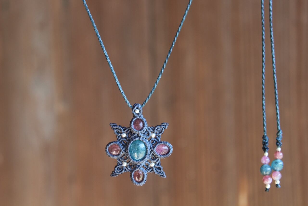 Blue Apatite & Pink Tourmaline micro macrame mandala pendant