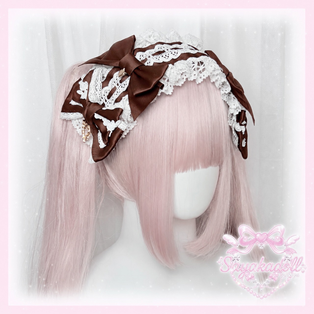 ♡【全11色】 クラシカルフリルレース ダブルリボンヘッドドレス brown ♡