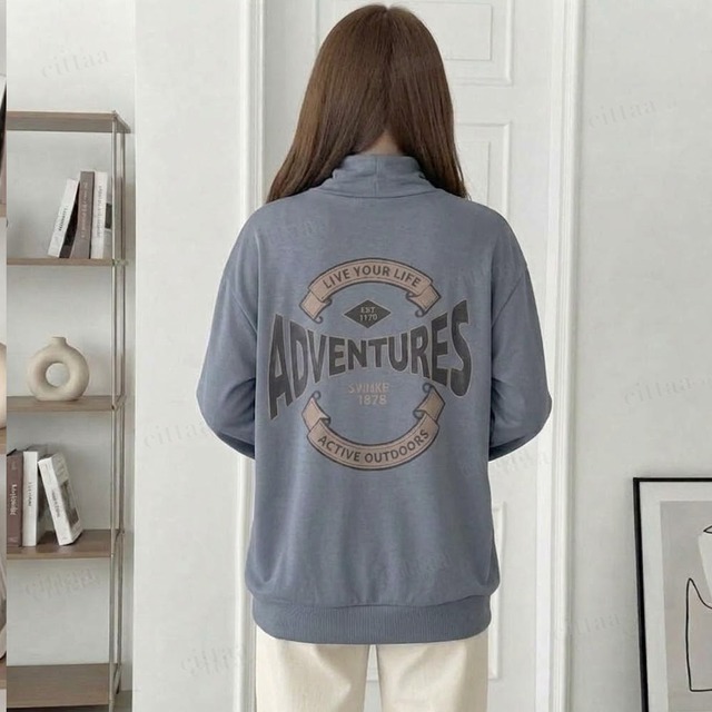 【即納】Y-5108　2026秋新作♡ADVENTURESバックプリントハーフジップ長袖Tシャツ　チャコール　0923