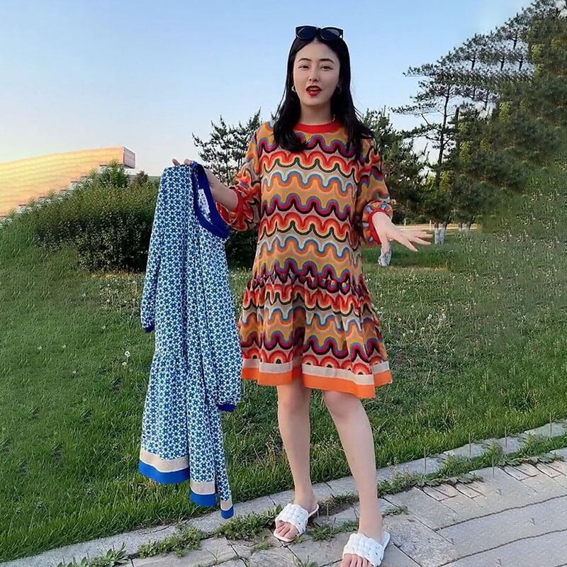 サマードレス 薄手ラウンドネックルーズパンツ 大きめサイズ 夏物 Oネック ミックスインファッション70241869760