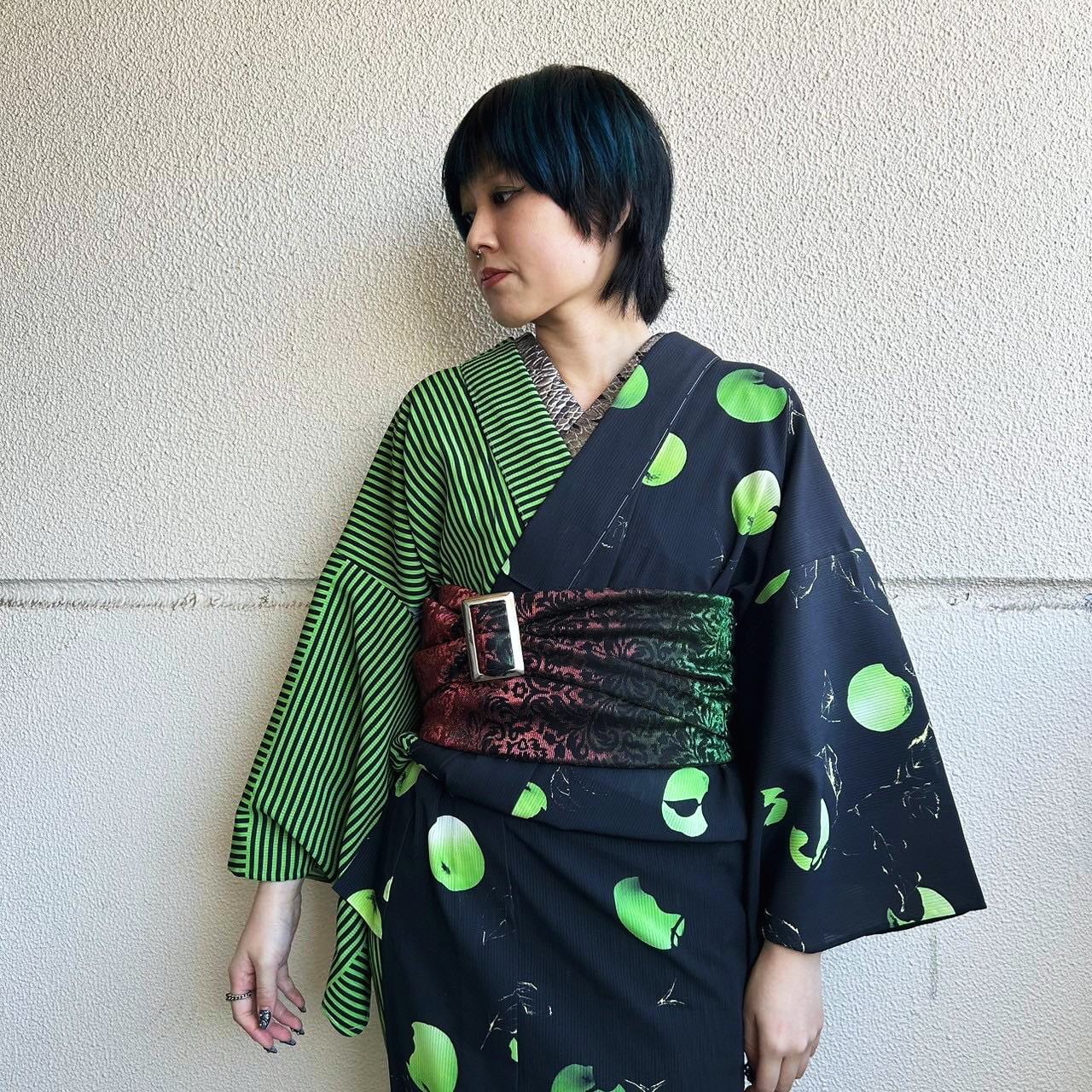 兵児帯 ドライビングベルト グリッター草花紋 オレンジグリーン