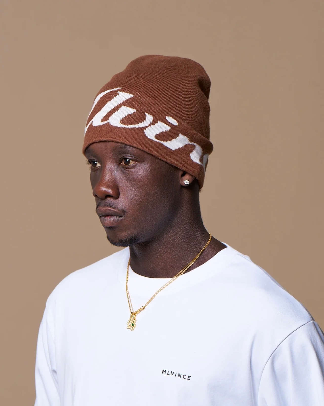 MLVINCE / script logo beanie brown