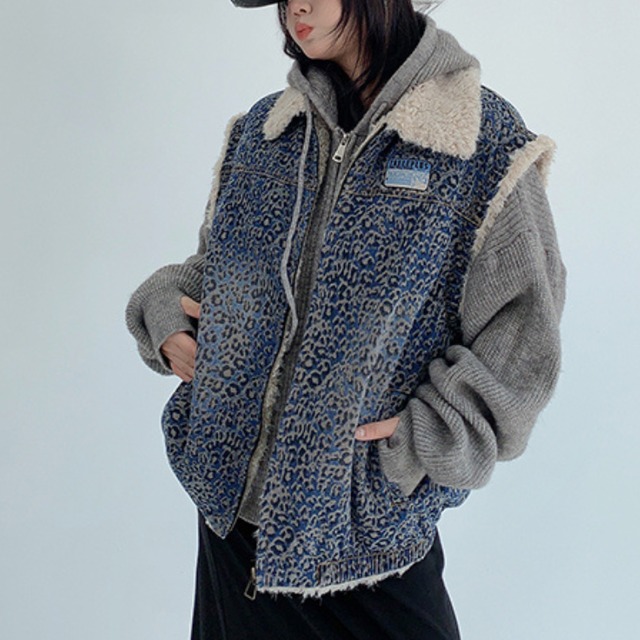 boa leopard denim vest　ボアレオパードデニムベスト　J1580