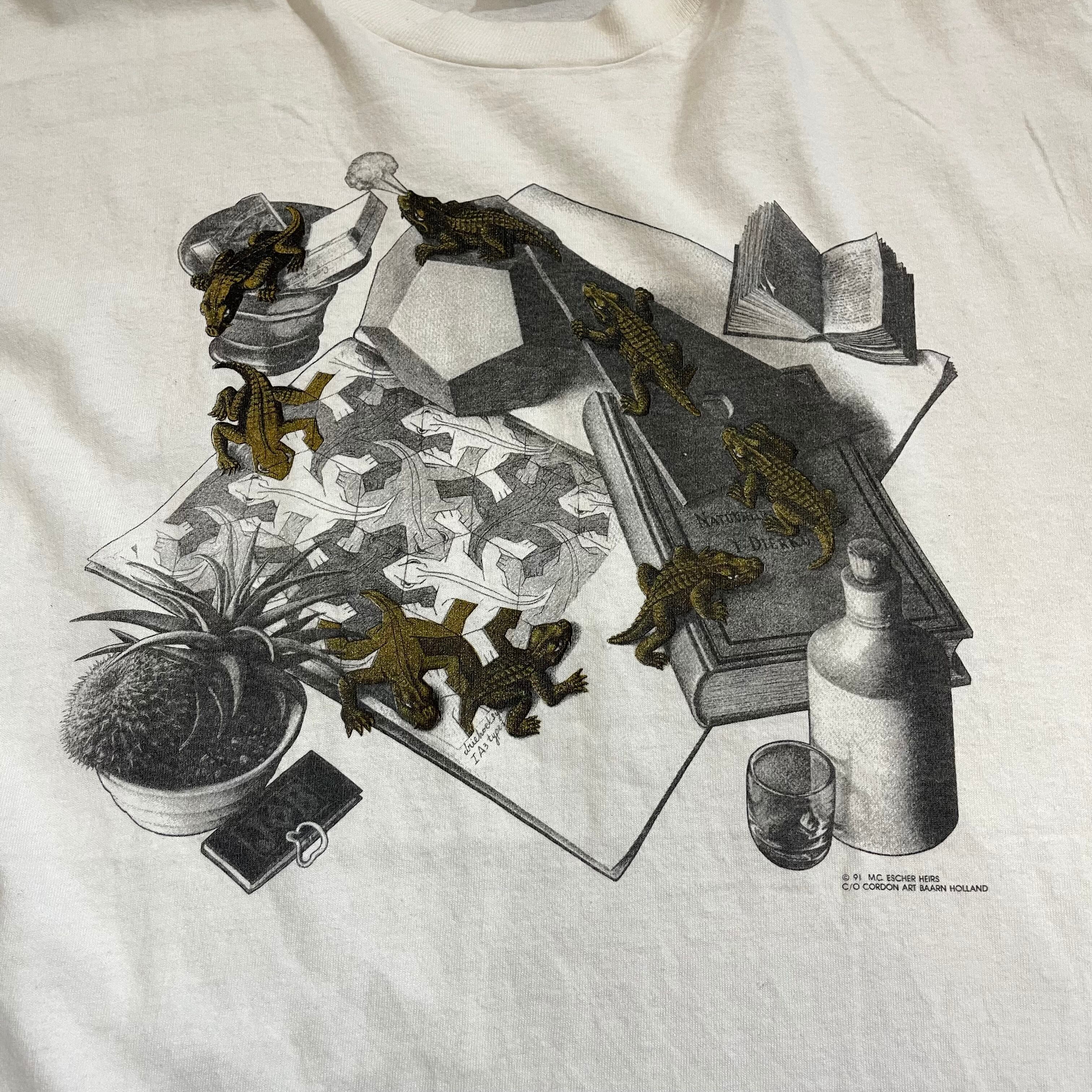 90年代 USA製 size:L【 M.C.ESCHER 】エッシャー アートTシャツ アートT ワニ プリントTシャツ プリントT ホワイト 白  古着 古着屋 高円寺 ビンテージ a13712