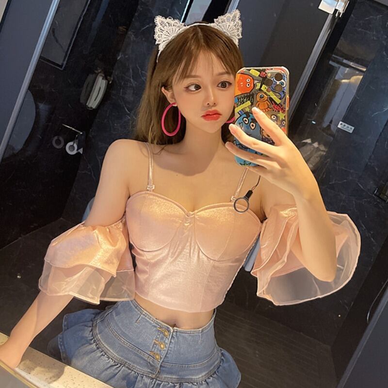 ラッフルトップス レディースストラップレススリムシフォンシャツ ハンチェンe86898991215