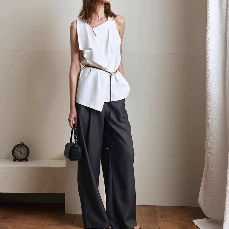 Asymmetrical Draped Cotton Sleeveless Top W00420