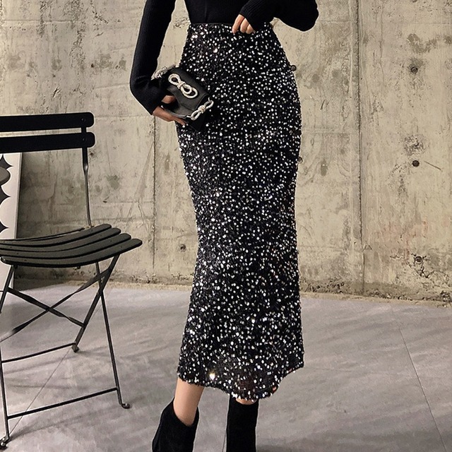 Sequined slit tight skirt　　V776