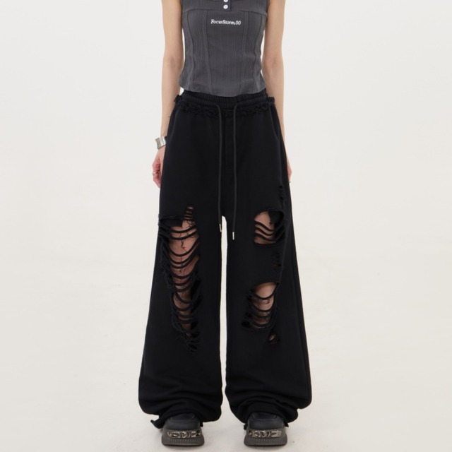 distressed black wide leg pants　ダメージブラックワイドレッグパンツ　J0950