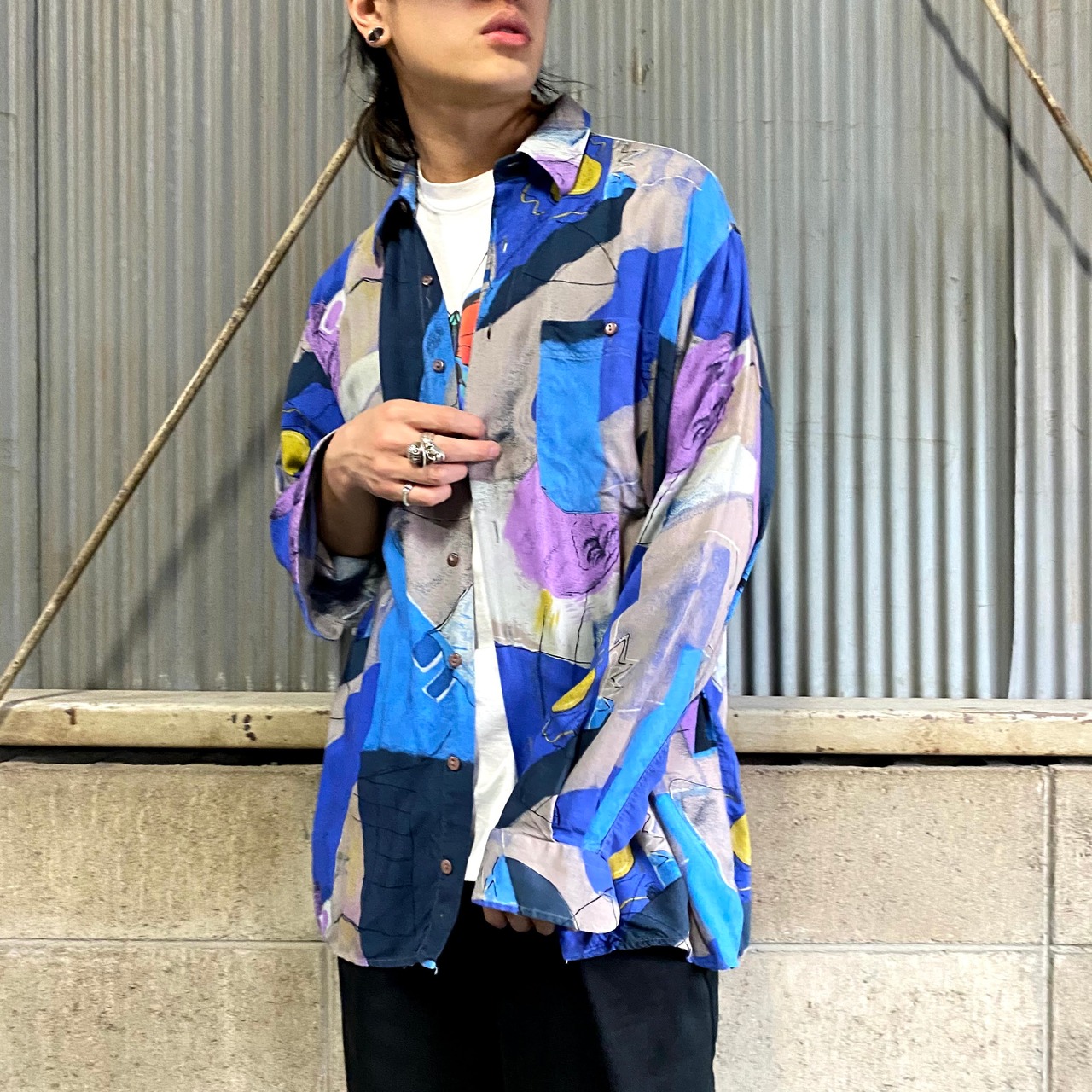 CENTRE VILLE アート柄 長袖 レーヨン 総柄シャツ メンズL相当 レトロ 