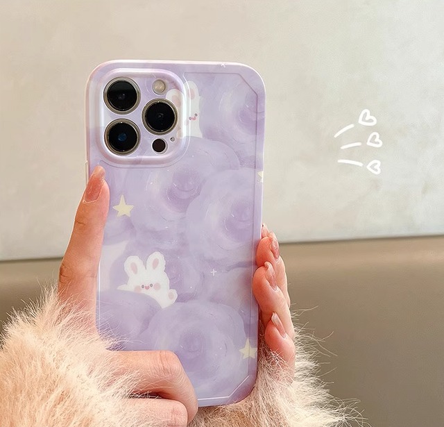 【新型iPhone15対応】淡いパープルがかわいい◎うさぎ 癒し 花柄 星 カメラ保護 おしゃれ 紫 韓国っぽ ウサギさん スマホケース ND-15054