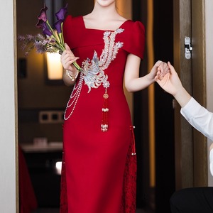 ロングドレス ドレス ウェディング パーティー 結婚式 披露宴 演奏会 発表会 ステージ 衣装 謝恩会 ラウンジ クラブ ロング 半袖 スクエアネック ストレート 細身 レース キラキラ ラグジュアリー 可愛い きれいめ 大人可愛い 上品 おしゃれ アジアン キュート エレガント 主役級 存在感 クラシック ゴージャス 華やか クラシカル イベント ホテル レストラン 教会 チャペル 高見え 格上げ 中国 春 夏 秋 冬 シーズンレス 2XL 3XL S M L XL 大人カラー バーガンディ