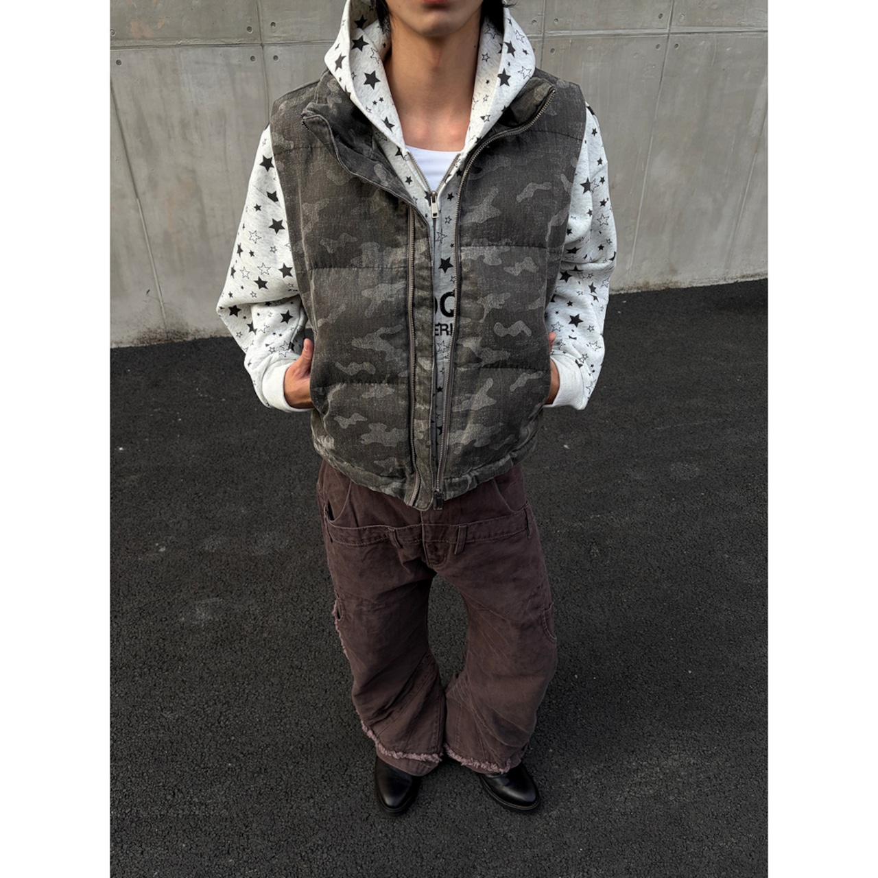 【暖かさUP】VINTAGE ストリート 迷彩 中綿ベスト T2372
