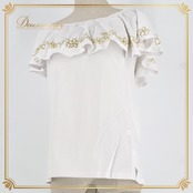 フラダンス 衣装 Maunaloa マウナロア トップス カットソー ホワイト系 プルメリア柄 花柄 植物柄 ラメ キラキラ フリル ハワイアンプリント ハワイアン ハワイアンダンス アロハ フラ ダンス レッスン 練習 ゴールド系 白 金 華やか さわやか かわいい おしゃれ 上品 大人っぽい