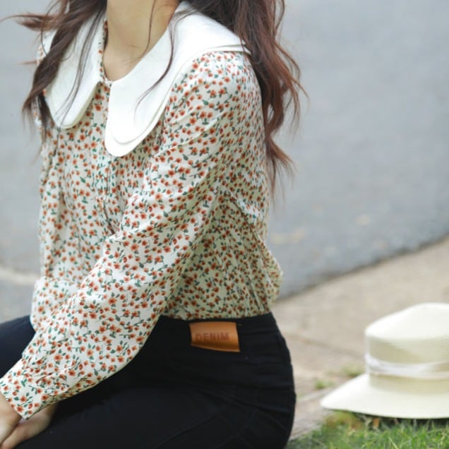 花柄 丸襟 ロングスリーブブラウス 00433