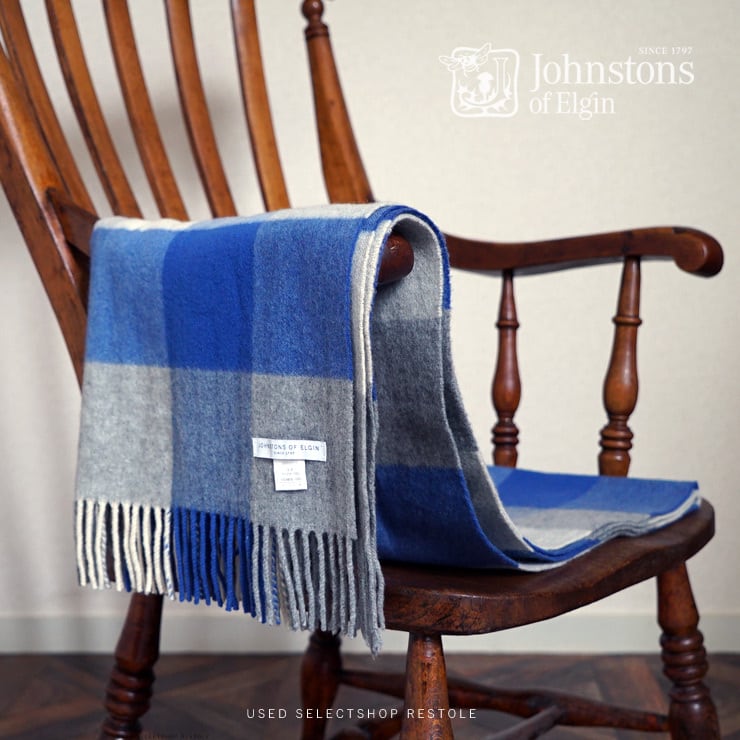 日本別注・正規品》ジョンストンズ カシミヤ大判ストール ブロックチェック グレー・ブルー・アイボリー カシミア 100% 希少