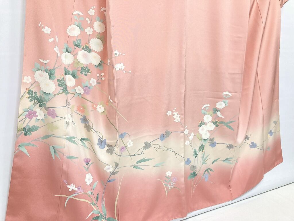 手描き友禅 四季の花々 訪問着 袷 正絹 サーモンピンク クリーム 白
