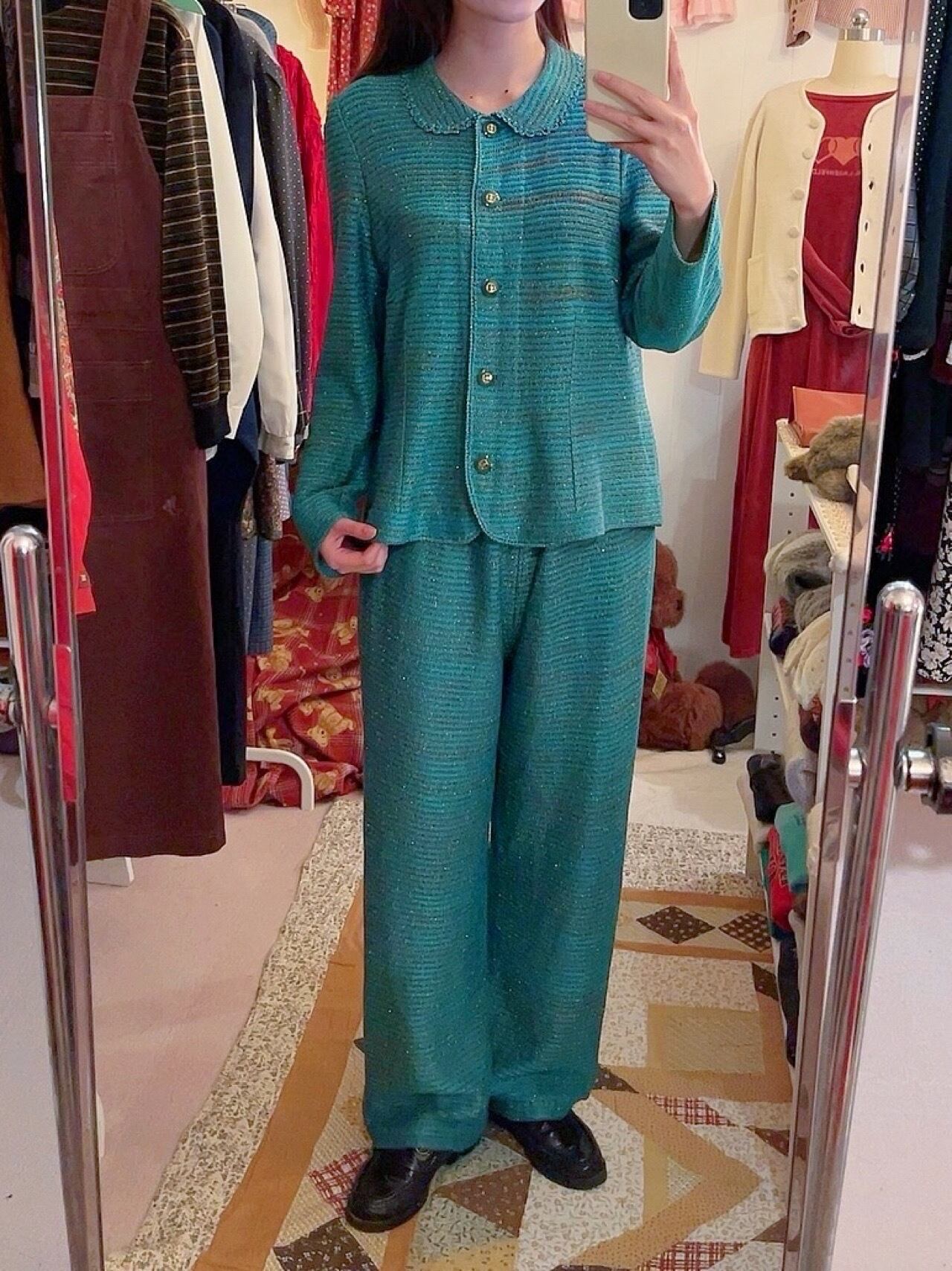 green lame knit set up