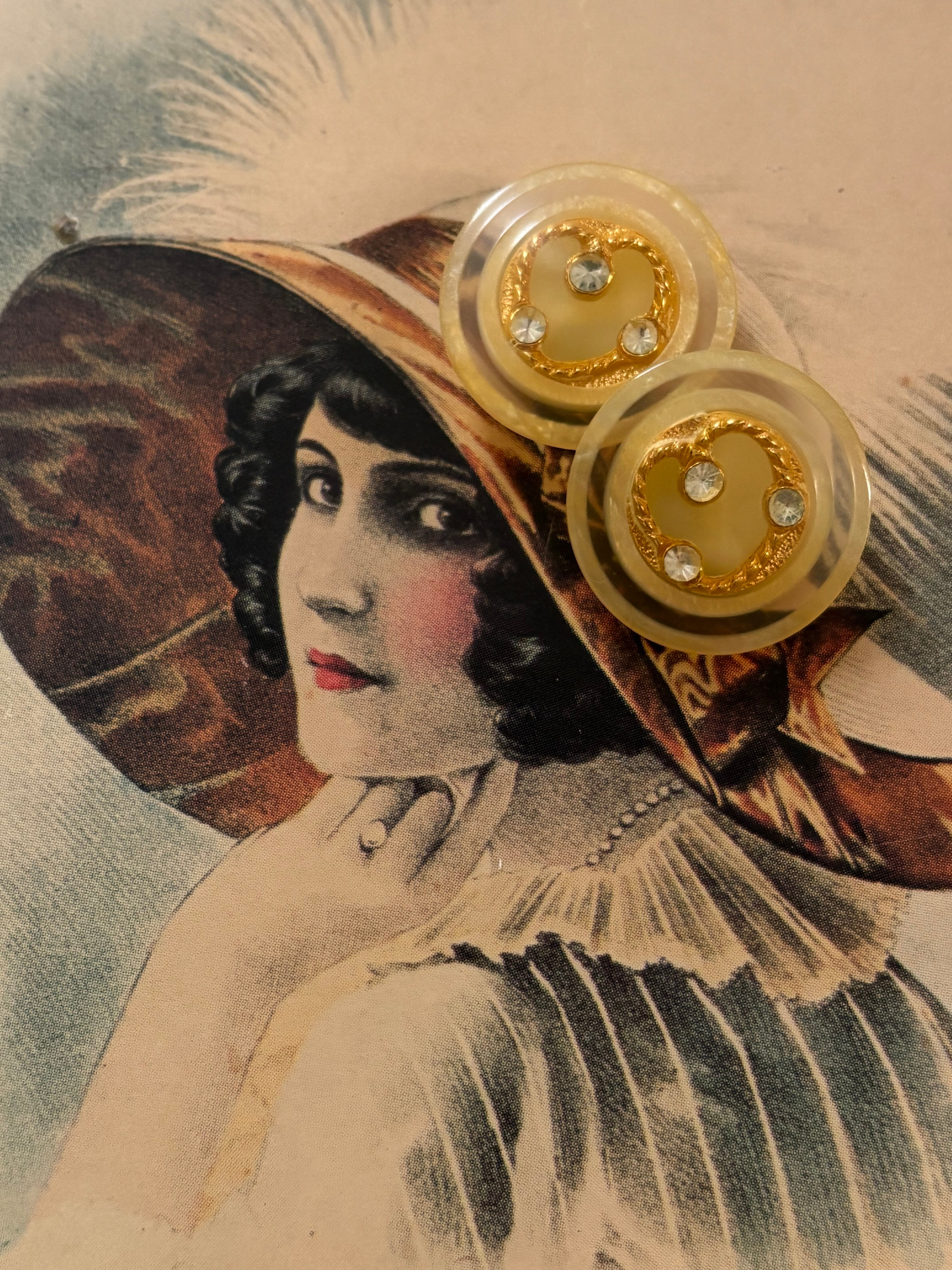 20mm Japanese ヴィンテージボタン アイボリー ゴールド ストーン クリア レトロ アクセサリーパーツ 装飾材 カルトナージュ