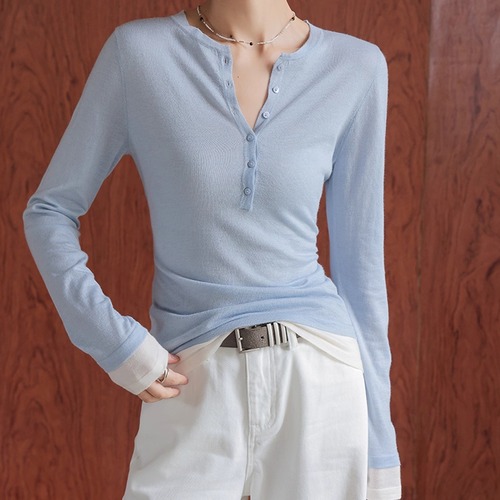 2色／フェイクレイヘンリーネックトップス ・19729